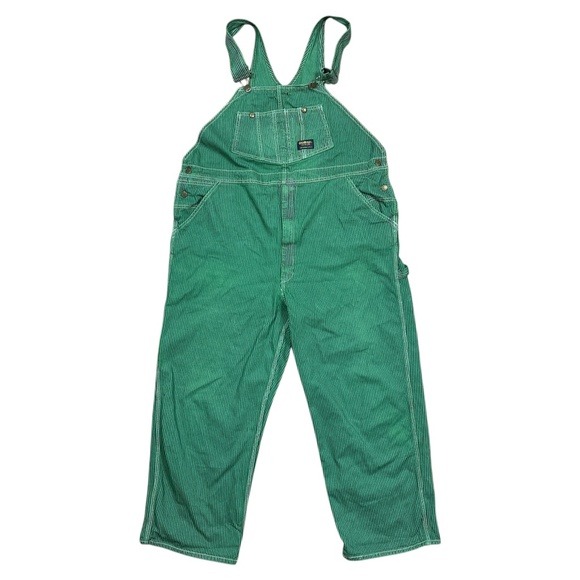Vintage 90s OshKosh B'Gosh Vestbak Distressed Striped Green Overalls Mens 46 - Picture 1 of 12